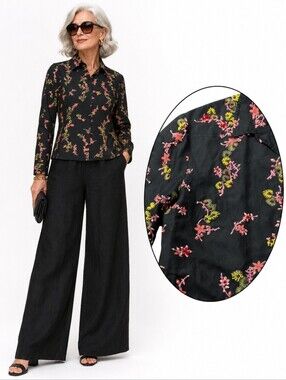 British Khaki Silk/ Linen Black Floral Beaded Snap Front Old Money Shirt Sz L
